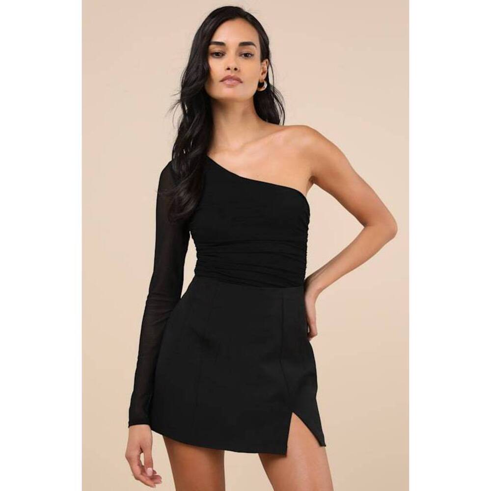 Lulus Tristina Black Ruched One-shoulder Bodysuit - Size M